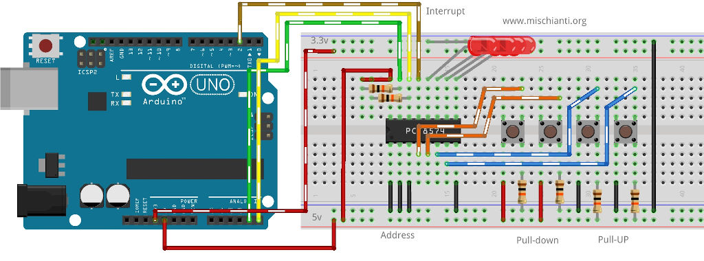 Arduino pcf8574 esempio con 4 Leds 4 bottoni su breadboard