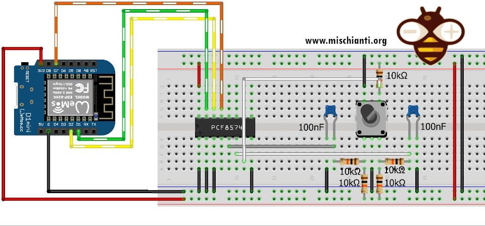 WeMos D1 mini (esp8266) pcf8574 encored breadboard schema